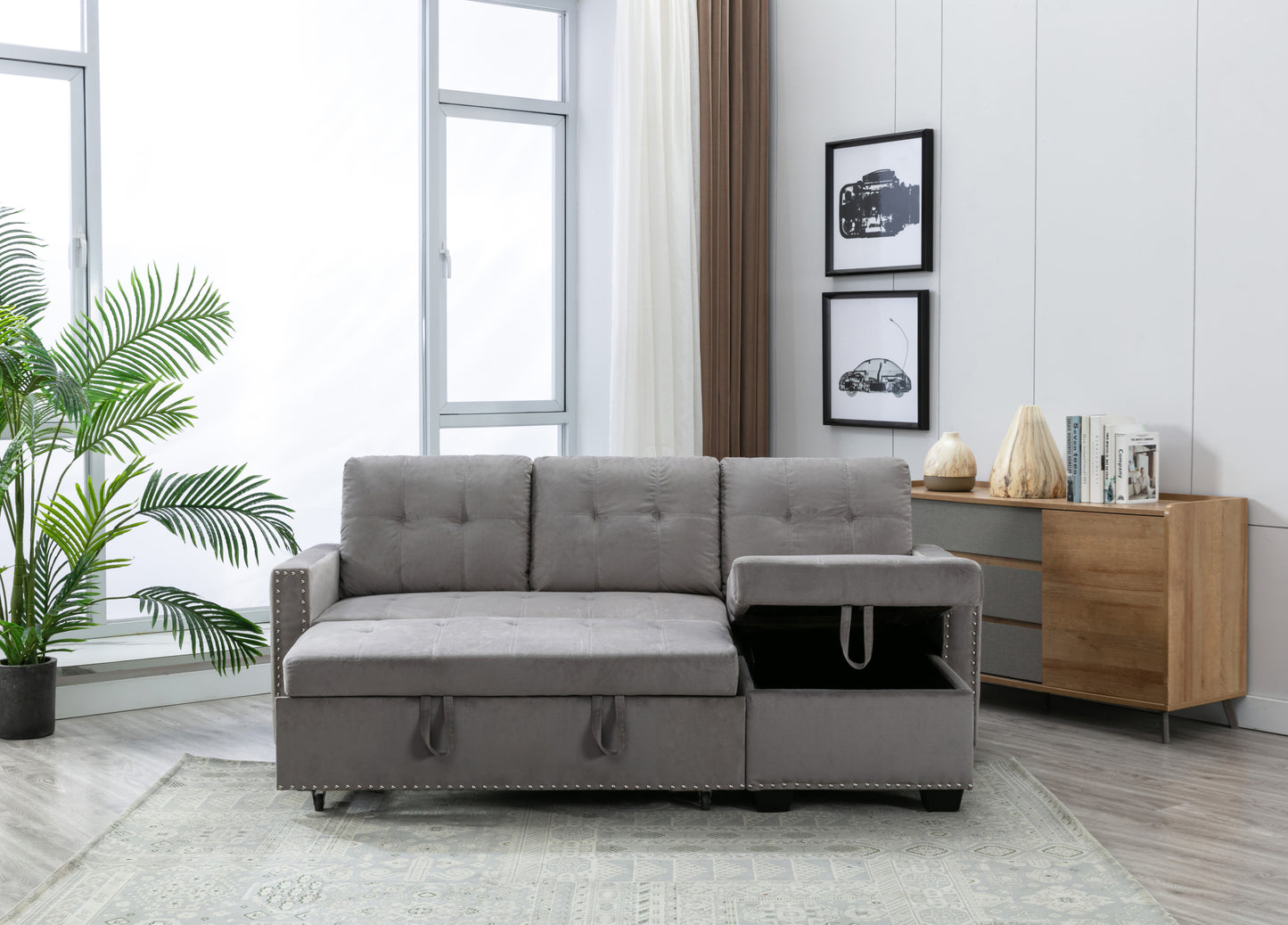 77 Inch Light Grey Reversible Sectional Sleeper Sofa Bed with Storage Chaise