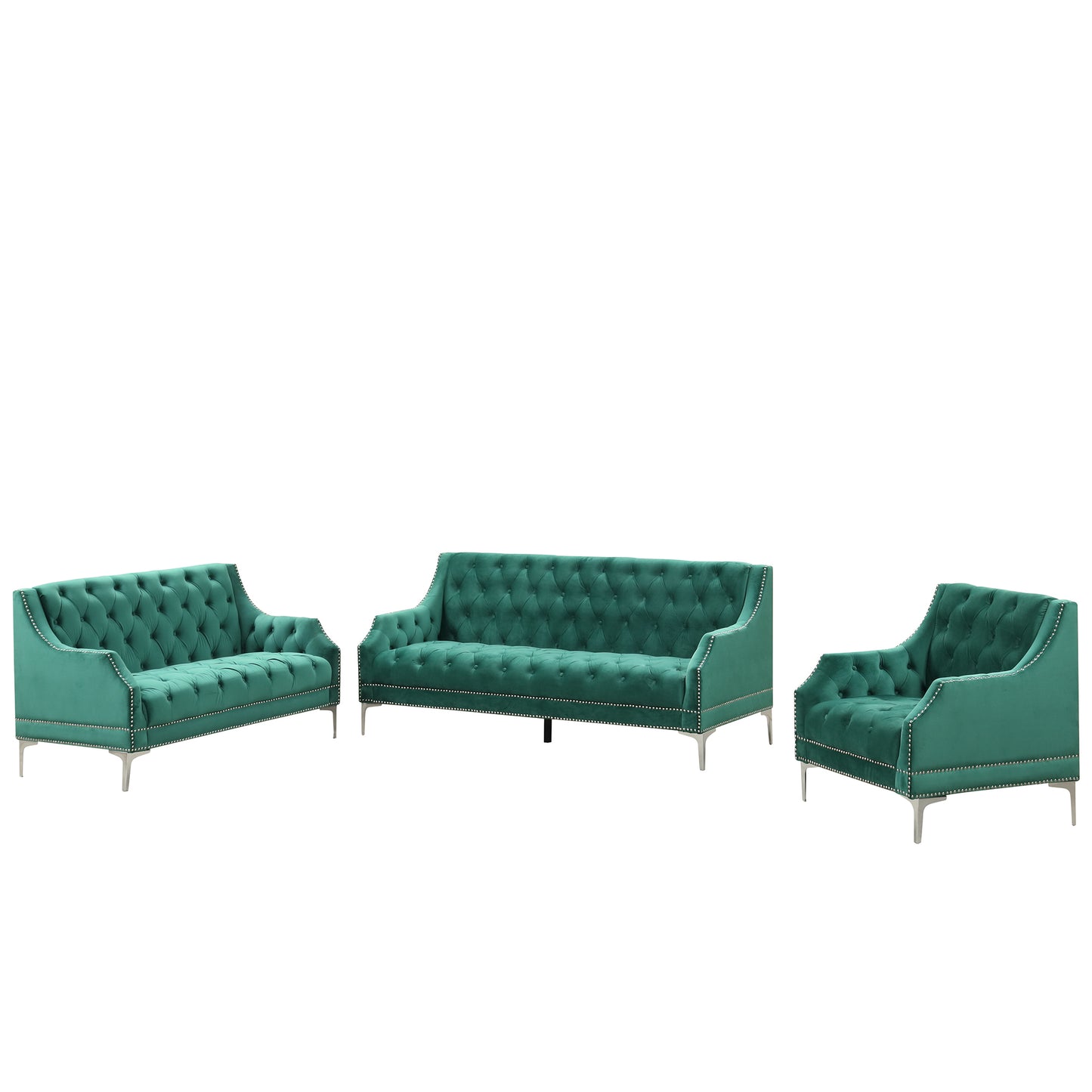 Modern three-piece sofa set with metal legs, buttoned tufted backrest, frosted velvet upholstered sofa set including three-seater sofa, double seater and living room furniture set Single chair