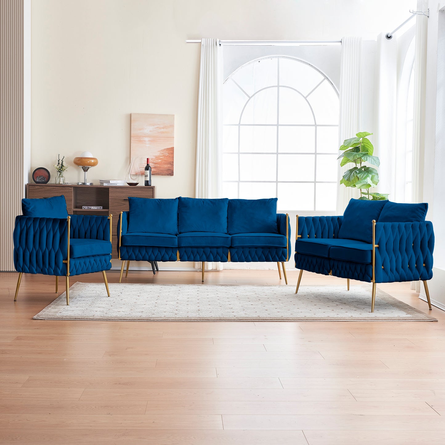 Modern 3-Piece Velvet Upholstered Handmade Woven Back Sofa Sets with Sturdy Metal Legs, Including Three Seat Couch Loveseat, and Single Chair for Living Room, Blue Velvet