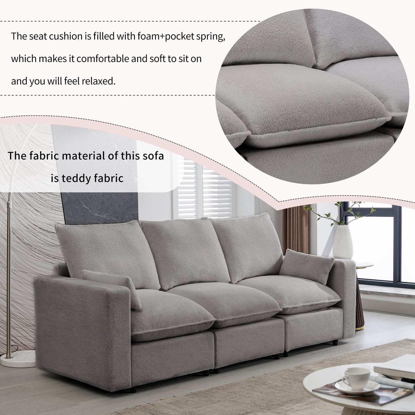 U_STYLE 3 Seat Sofa with Removable Back and Seat Cushions and 2 pillows,Teddy Fabric Couch for Living Room, Office, Apartment