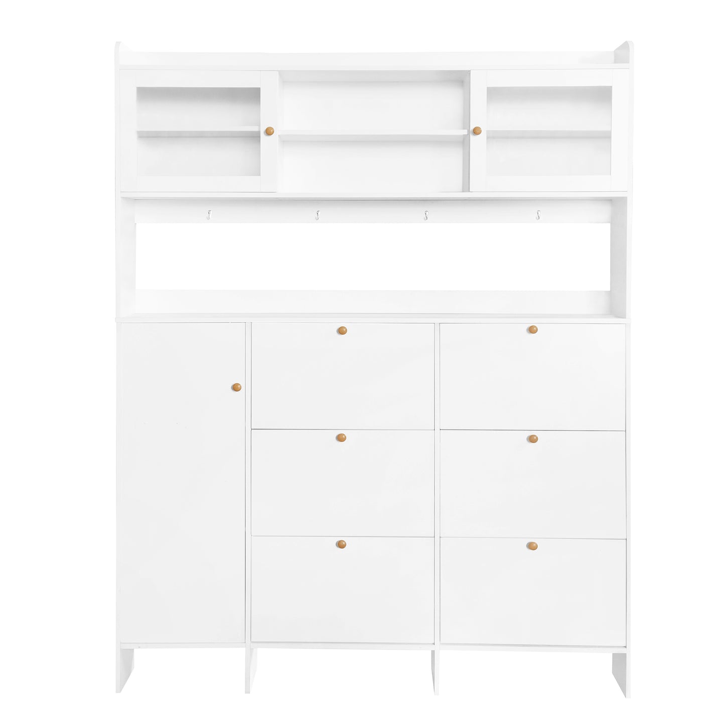 Multifunctional Shoe Cabinet with Storage Shelf & 6 Flip Drawers, Modern Large Hall Tree with Tempered Glass Doors, Elegant Foyer Cabinet with 4 Hooks for Hallway, White