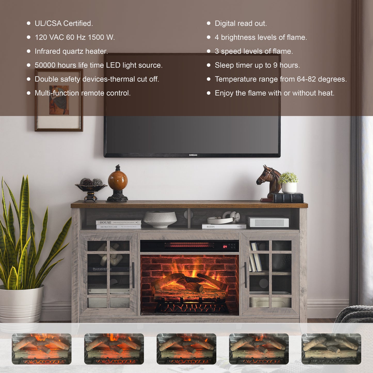 55 inch Gray Wash Electric Fireplace TV Stand with Supplemental Heater