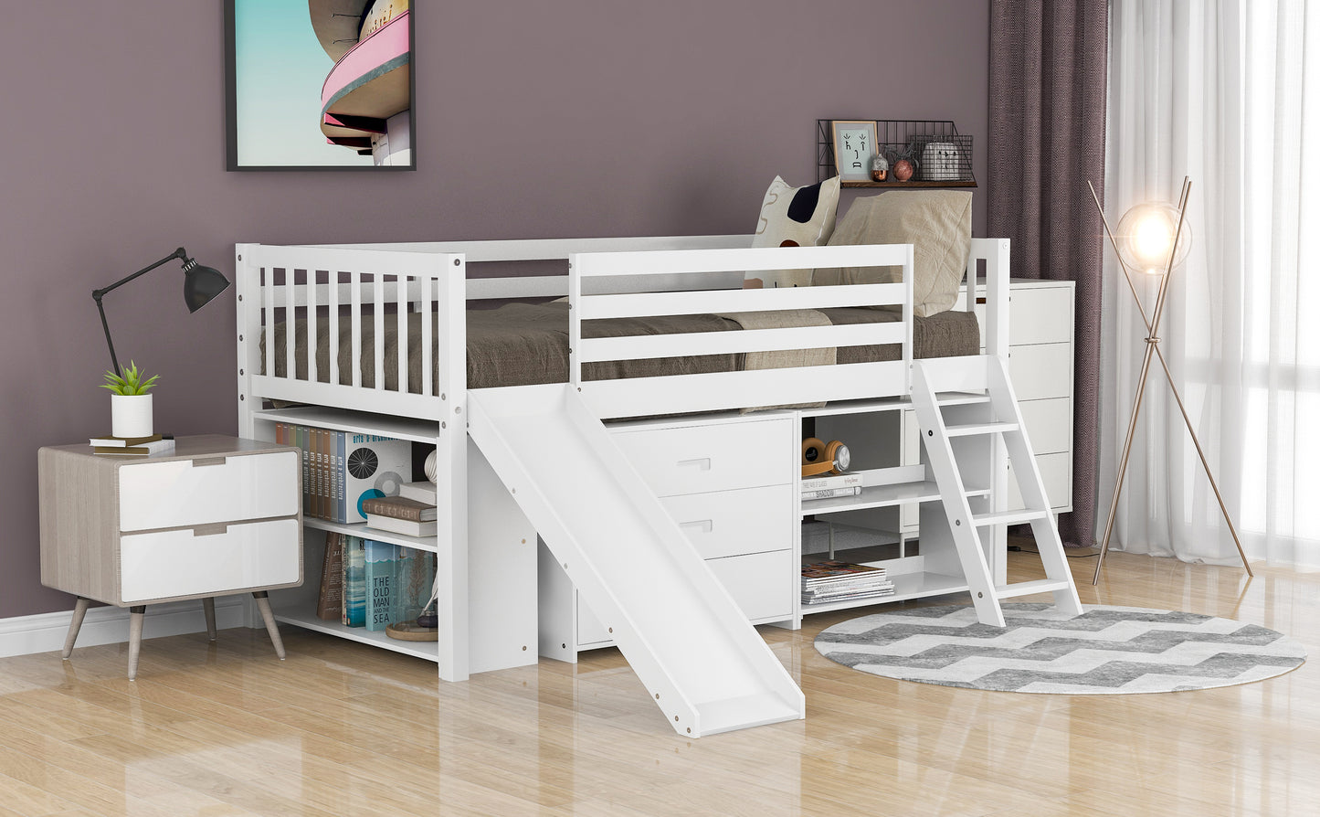 Low Loft Bed with Attached Bookcases and Separate 3-tier Drawers,Convertible Ladder and Slide,Twin,White