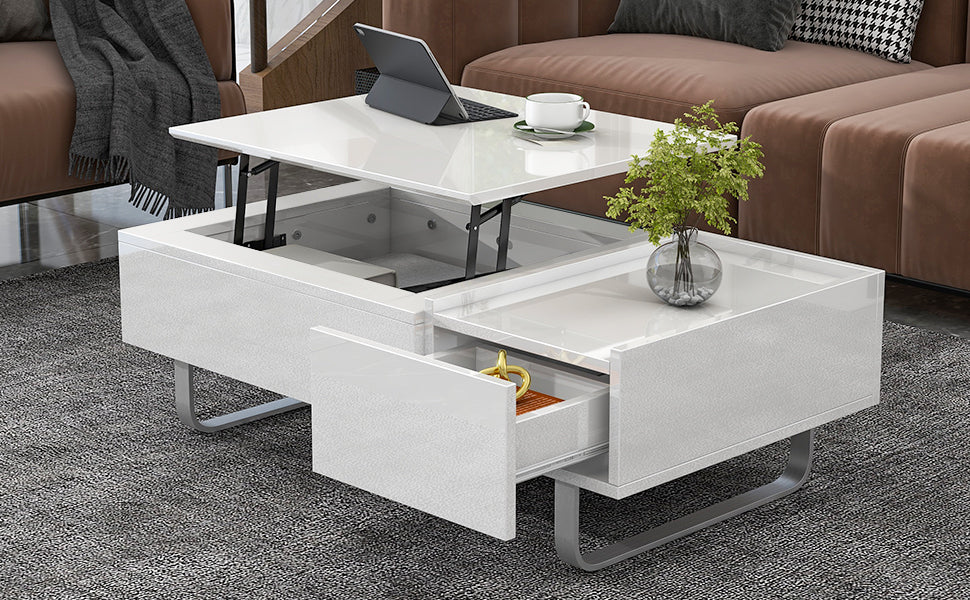 Contemporary White Lift-Top Coffee Table with Hidden Storage