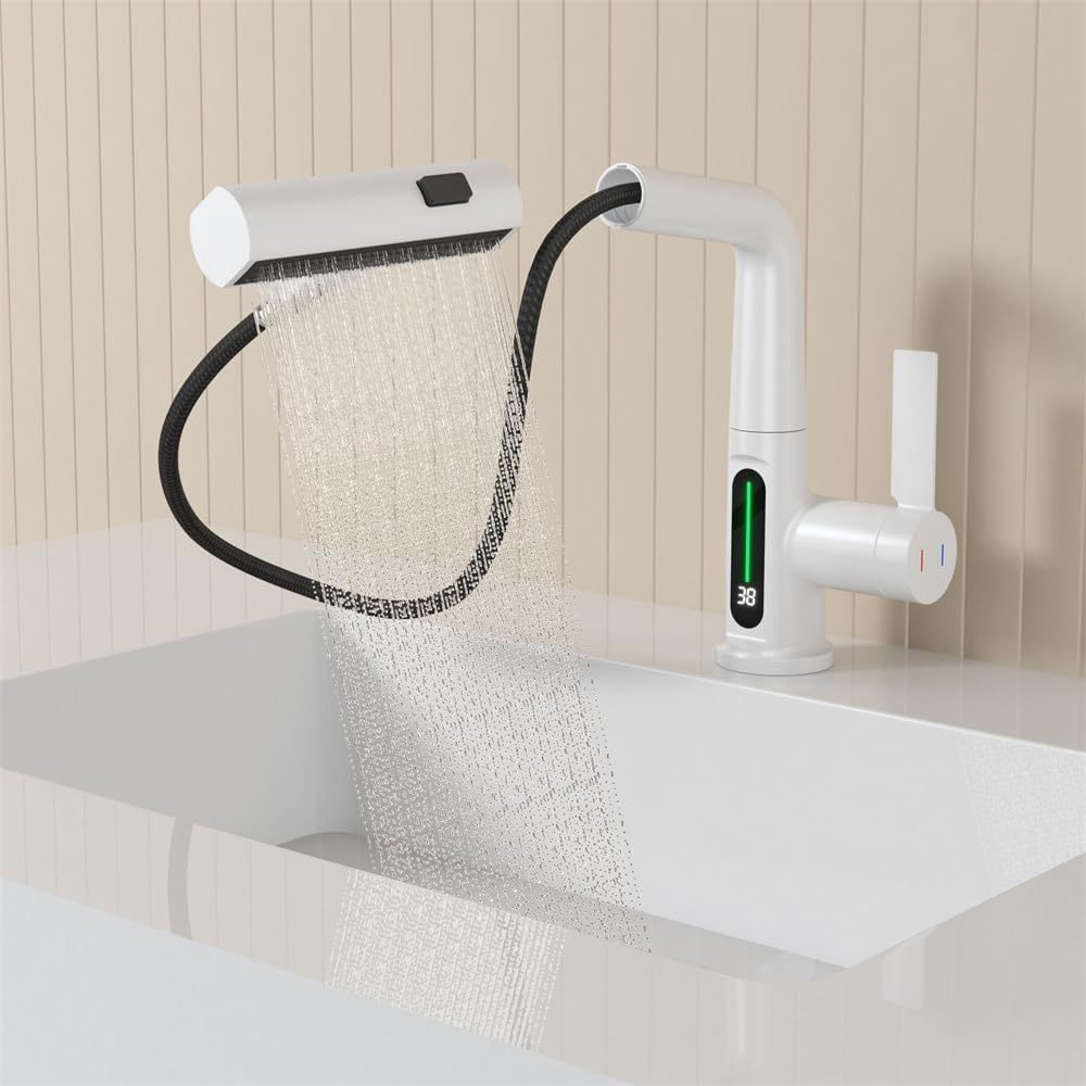 3-in-1 White LED Temperature Display Pull-Out Bathroom Basin Faucet