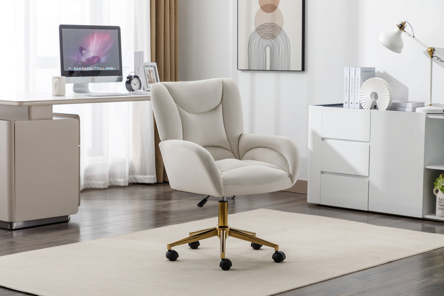 005-Velvet Fabric 360 Swivel Home Office Chair With Gold Metal Base And Universal Wheels,Ivory