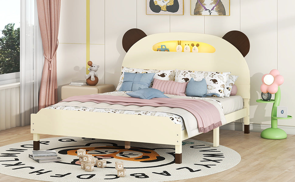 Full Size Wood Platform Bed with Bear-shaped Headboard,Bed with Motion Activated Night Lights,Cream+Walnut