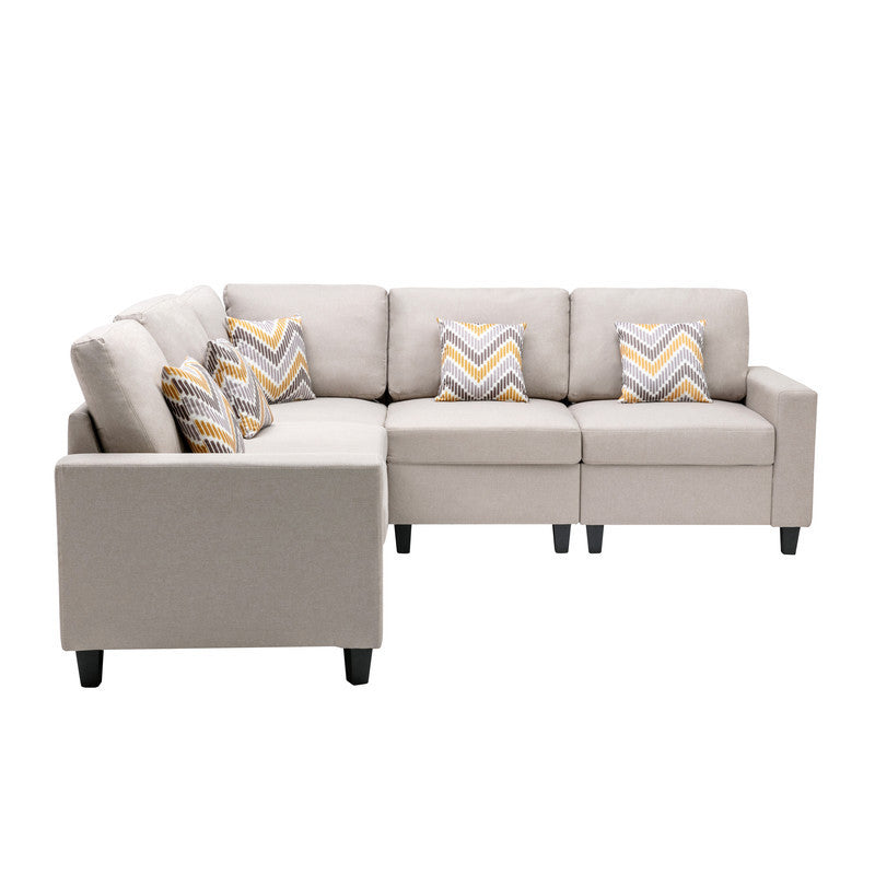 Nolan Beige Linen Fabric 5-Piece Reversible Sectional Sofa Set with Accent Pillows and Customizable Legs