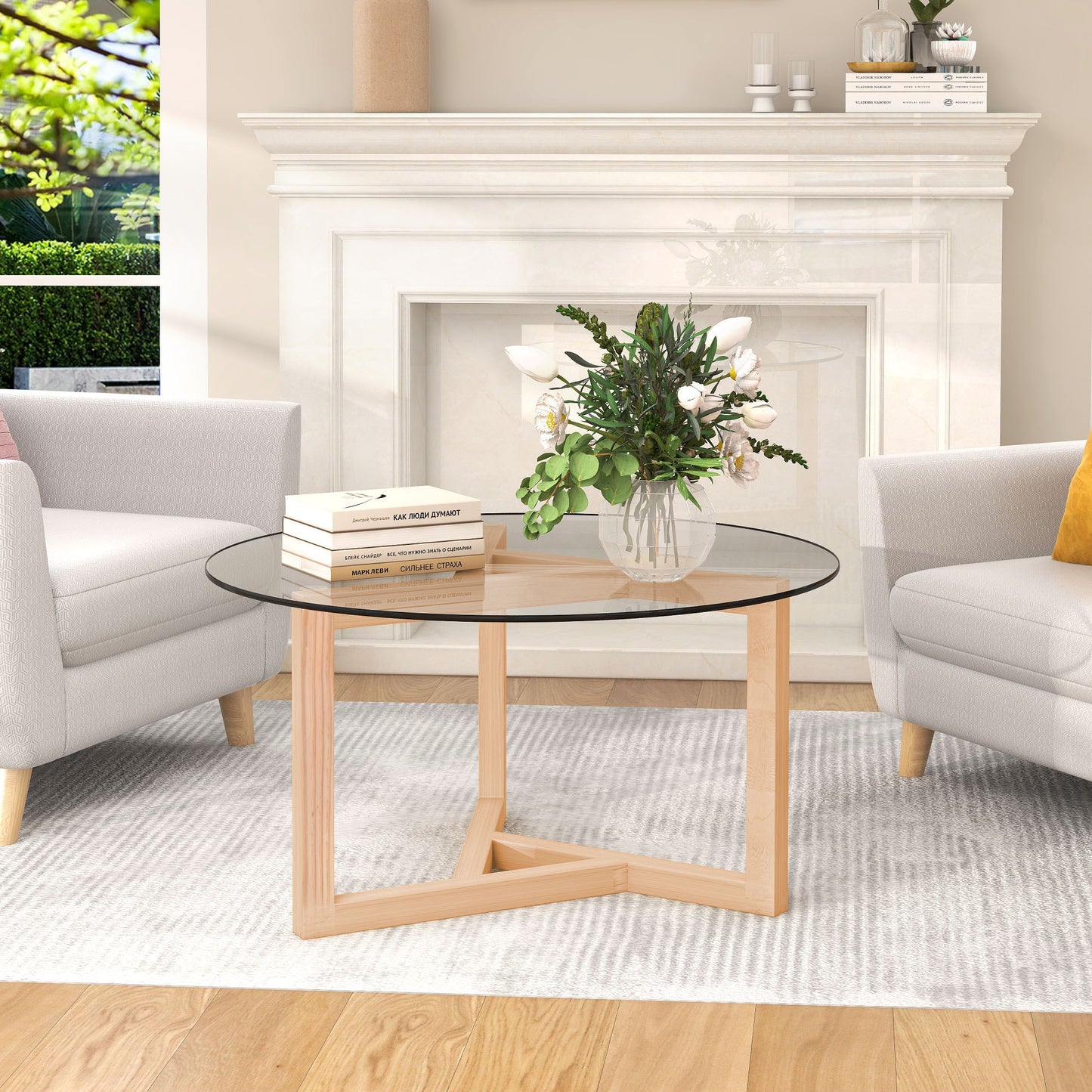 Modern Round Glass Coffee Table with Wood Base - Natural