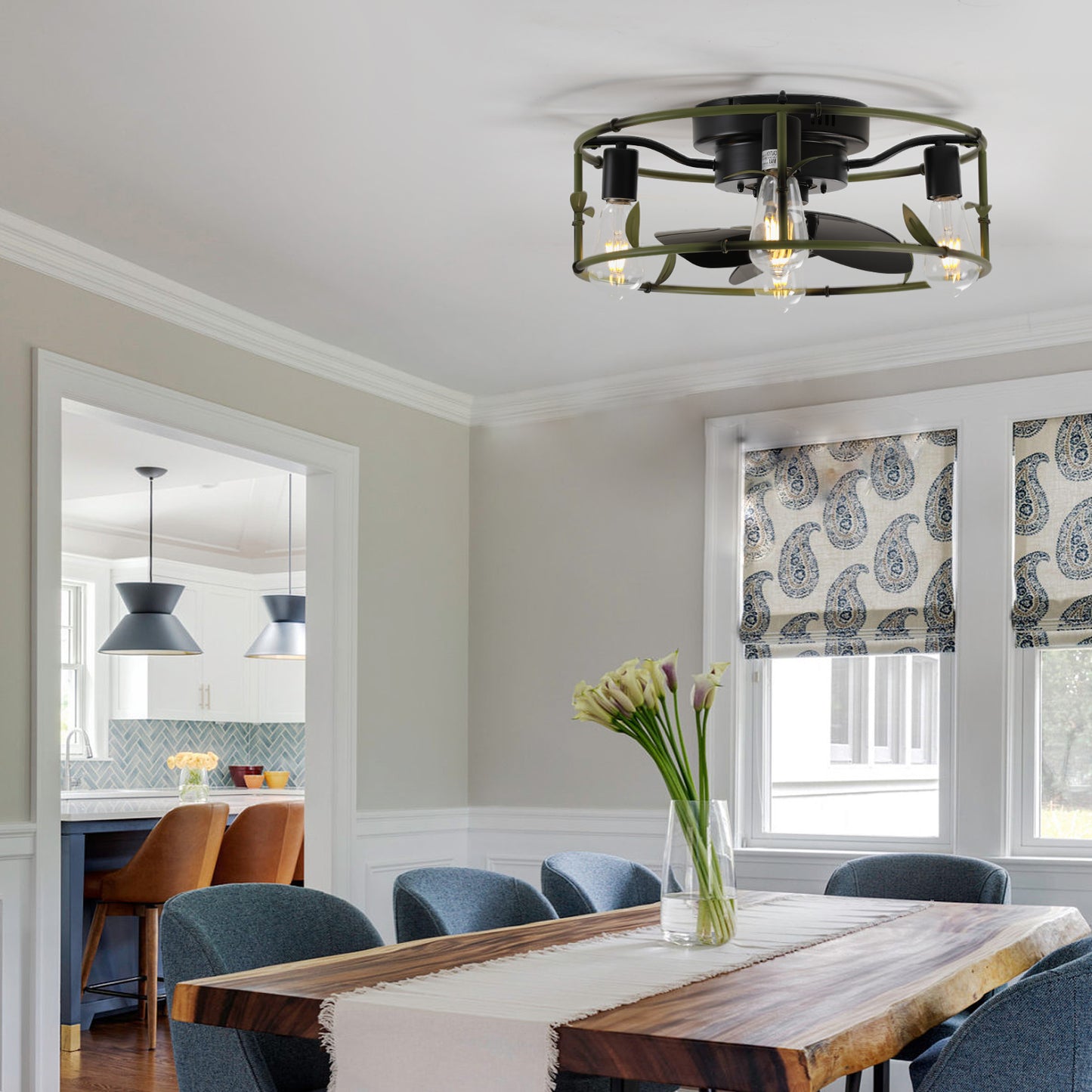 Modern Green Caged Ceiling Fan with Lights and Remote Control