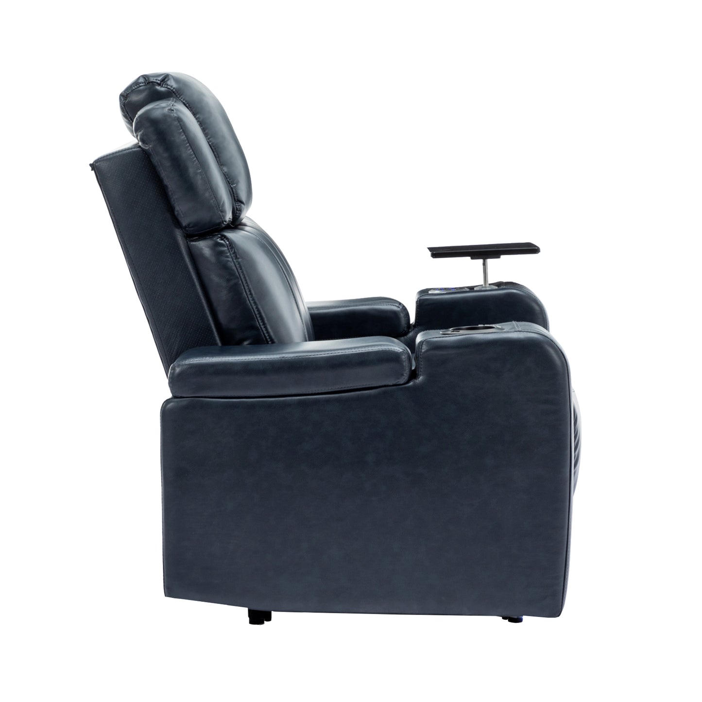 Blue Leather Power Recliner with Cooling Cup Holder, Bluetooth Speaker, and 360° Swivel Tray Table