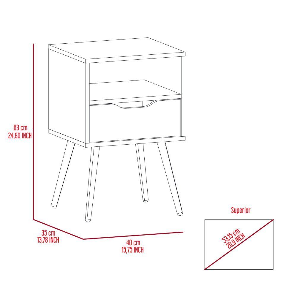 Otom Nightstand , Superior Top, One Open Shelf, One Drawer, Four Legs -White / Light Oak