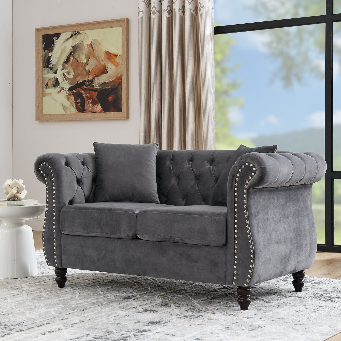 Classic Chesterfield 2-Seater Velvet Sofa in Grey with Rolled Arms and Nailhead Trim