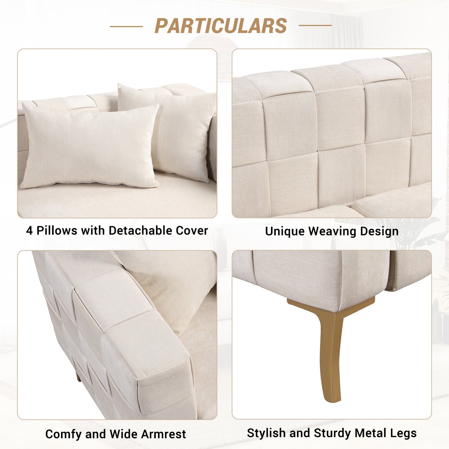 80.5 Modern Upholstered Sofa with Golden Metal Legs and Pillows