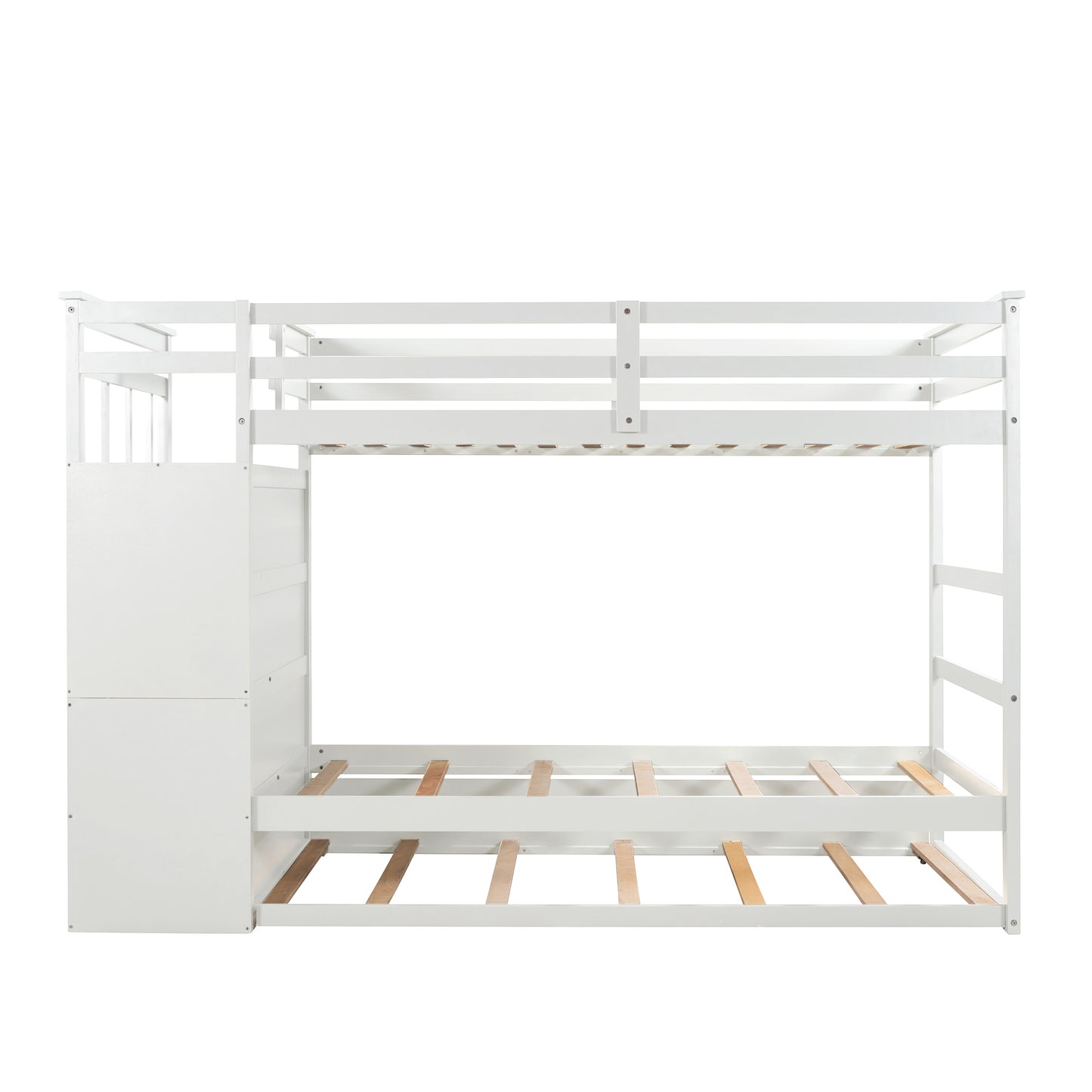 White Solid Wood Twin Bunk Bed with Trundle and Staircase