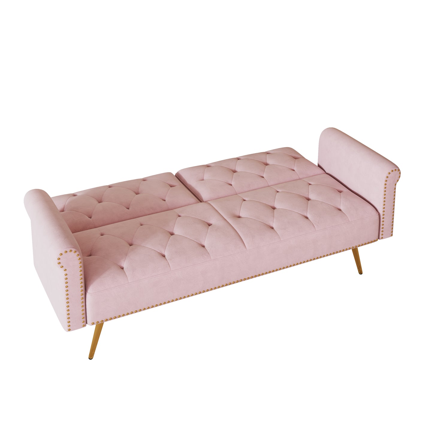 69.7 Elegant Pink Velvet Sofa Bed with Nail Head Accents and Throw Pillow