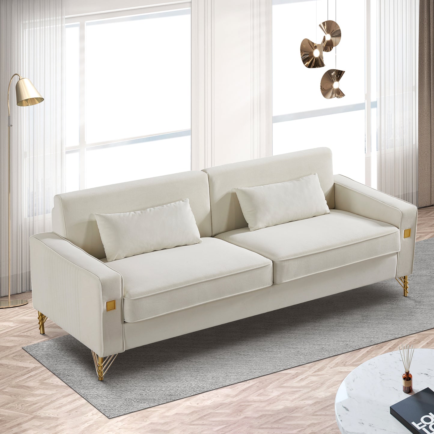 Luxurious 85.44 Modern Velvet Sofa with Gold Legs and Sumptuous Comfort