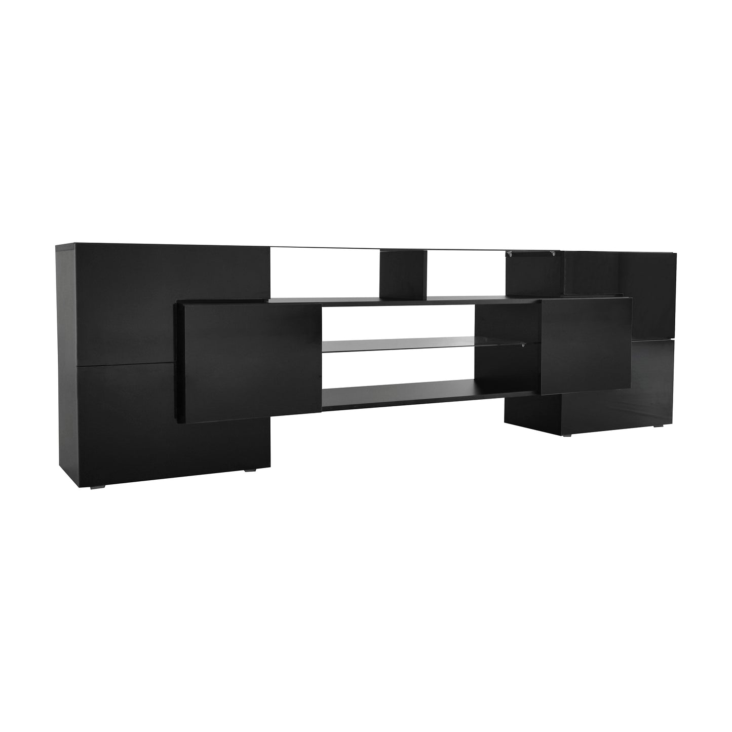 Black High Gloss TV Stand with LED Glass Shelves for TVs Up to 80