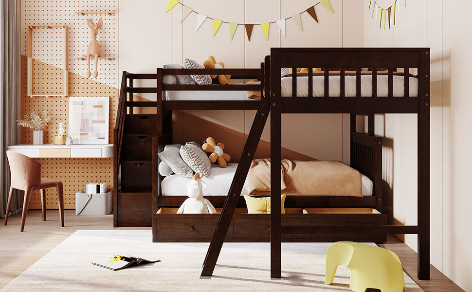 Espresso Twin over Full Bunk Bed with 3 Storage Drawers, Ladder, and Staircase