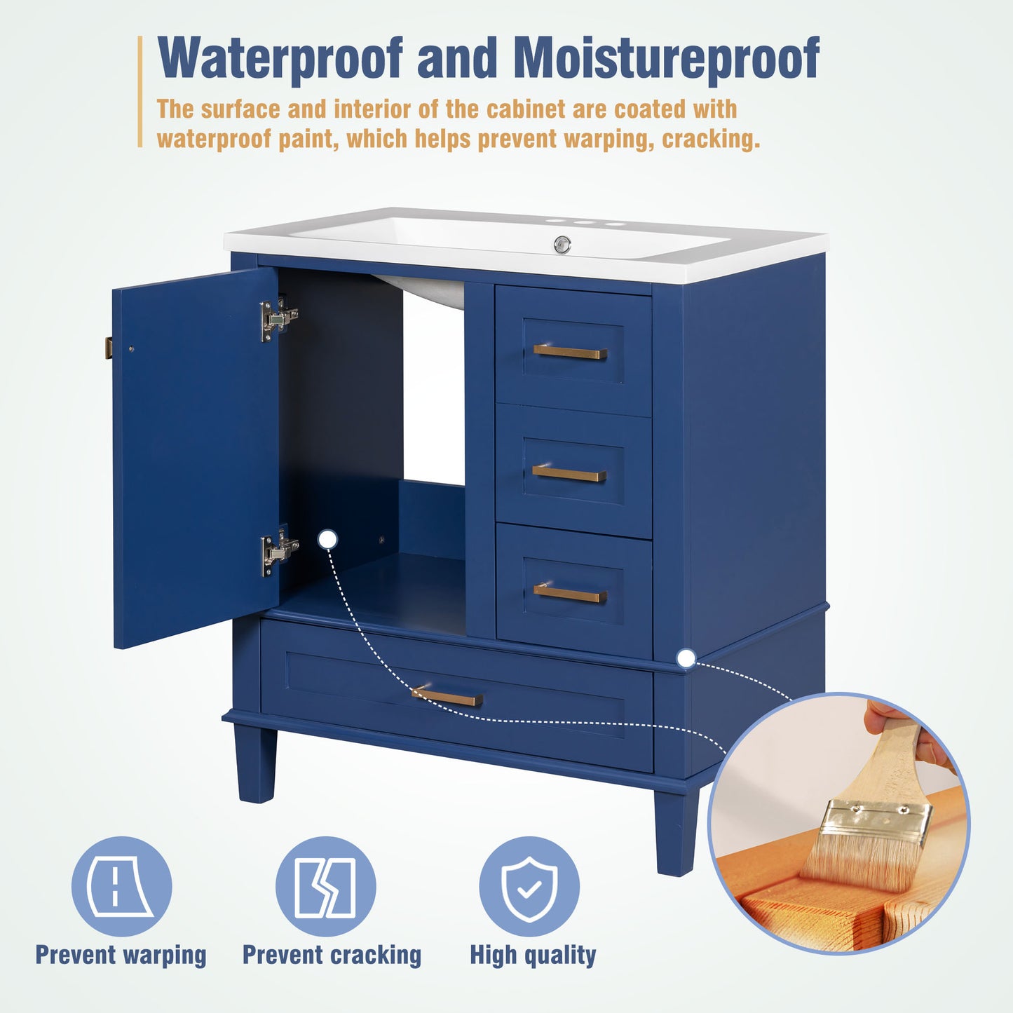 30" Bathroom Vanity , Modern Bathroom Cabinet with Sink Combo Set, Bathroom Storage Cabinet with a Soft Closing Door and 3 Drawers, Solid Wood Frame(Blue)