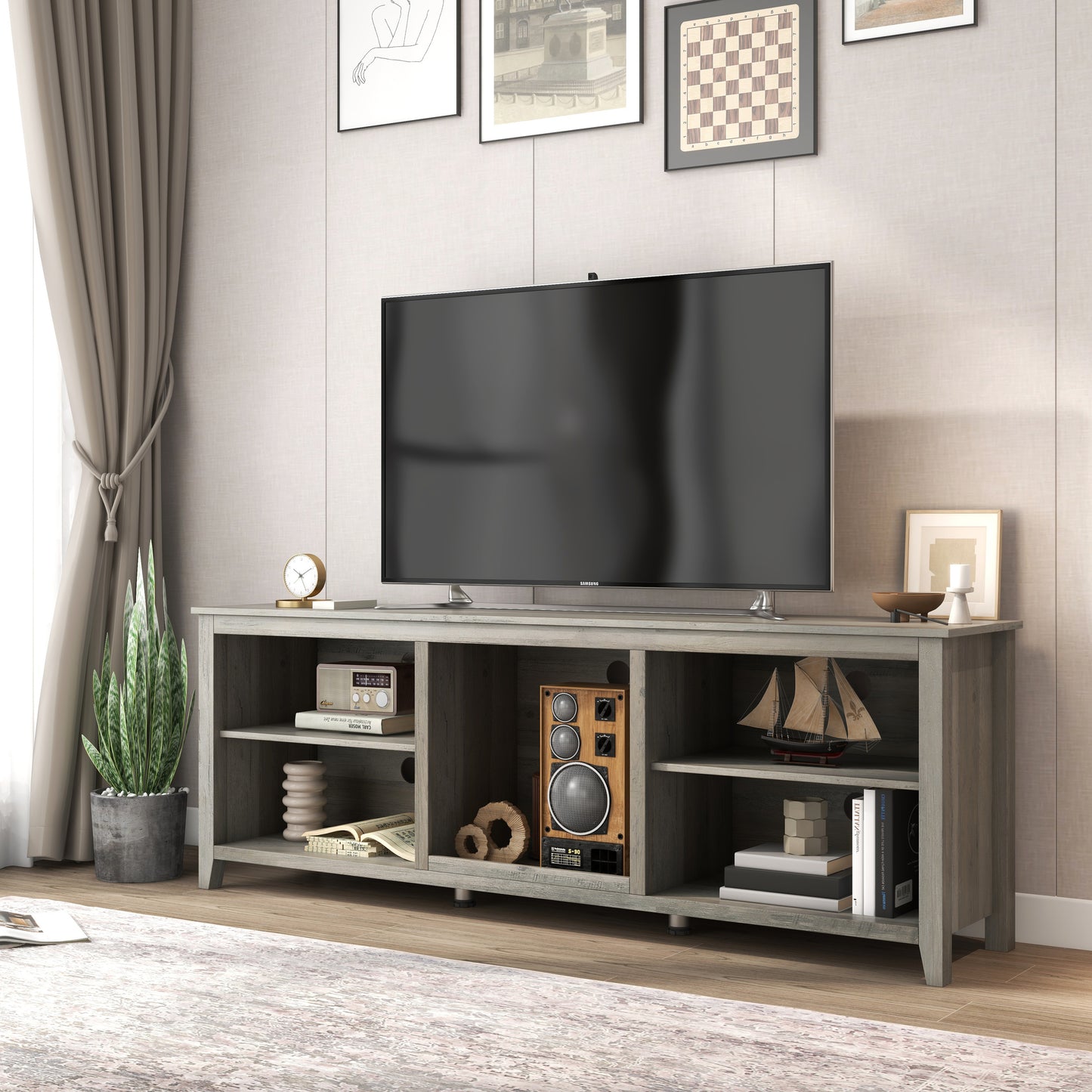 Versatile Industrial Style TV Stand with Spacious Open Storage - Grey Walnut