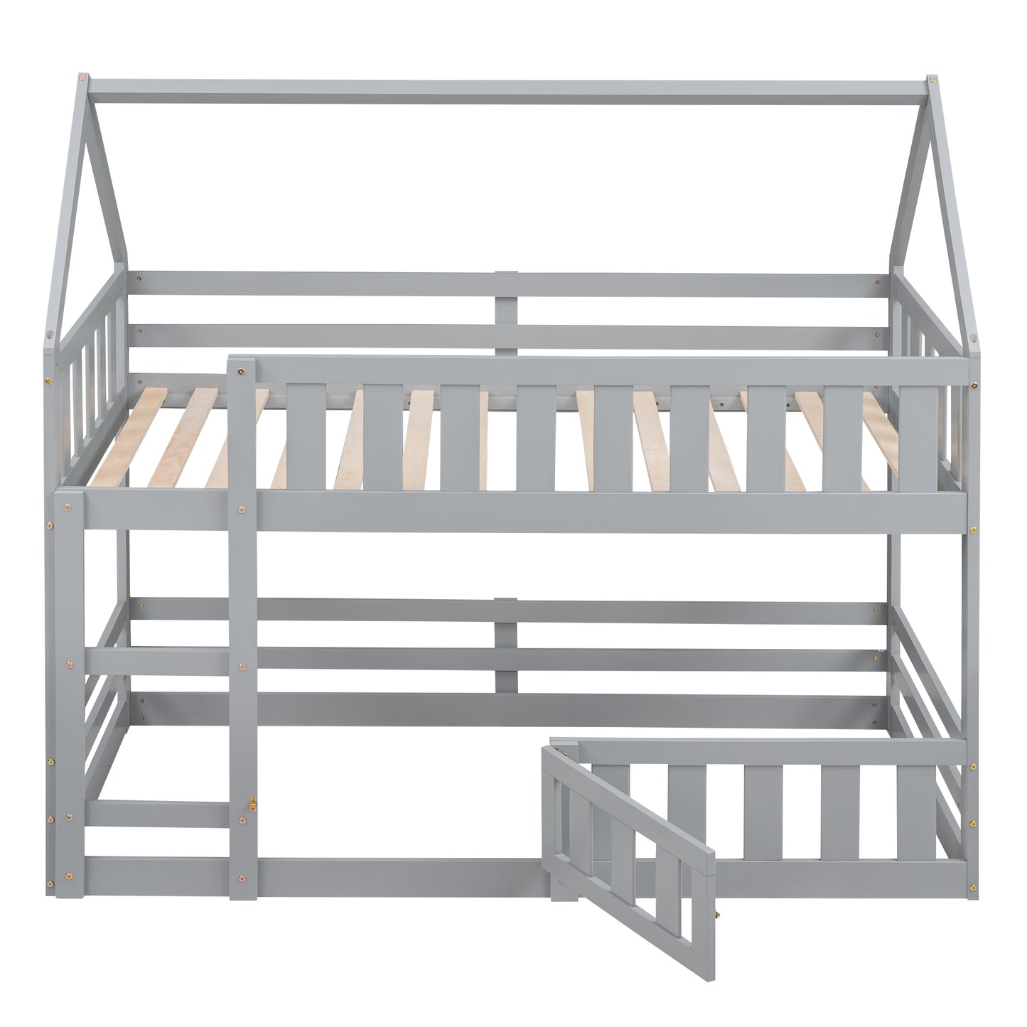 Twin House Bunk Bed with Gray Fence and Door