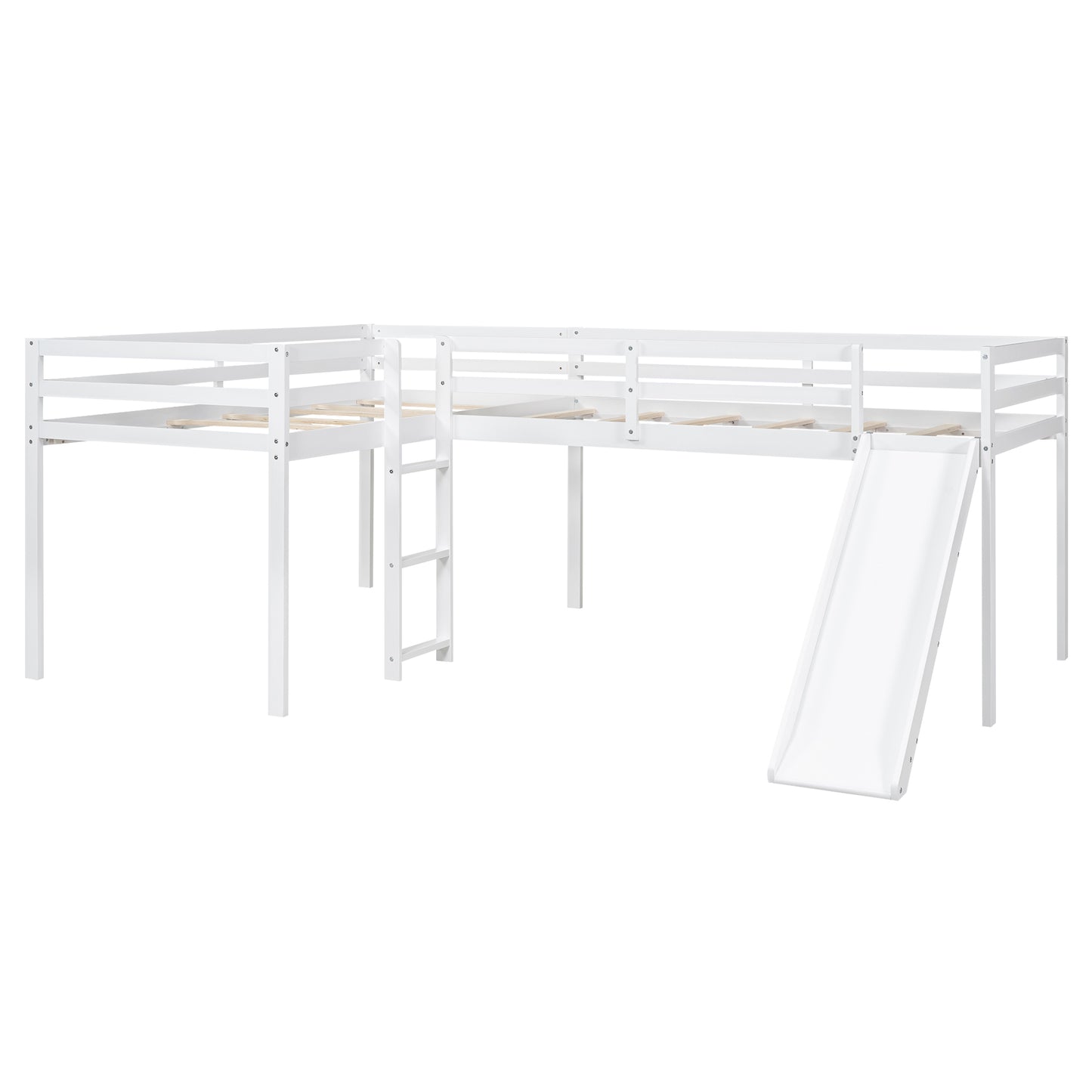 L-Shaped Twin Size Loft Bed with Ladder and Slide, White