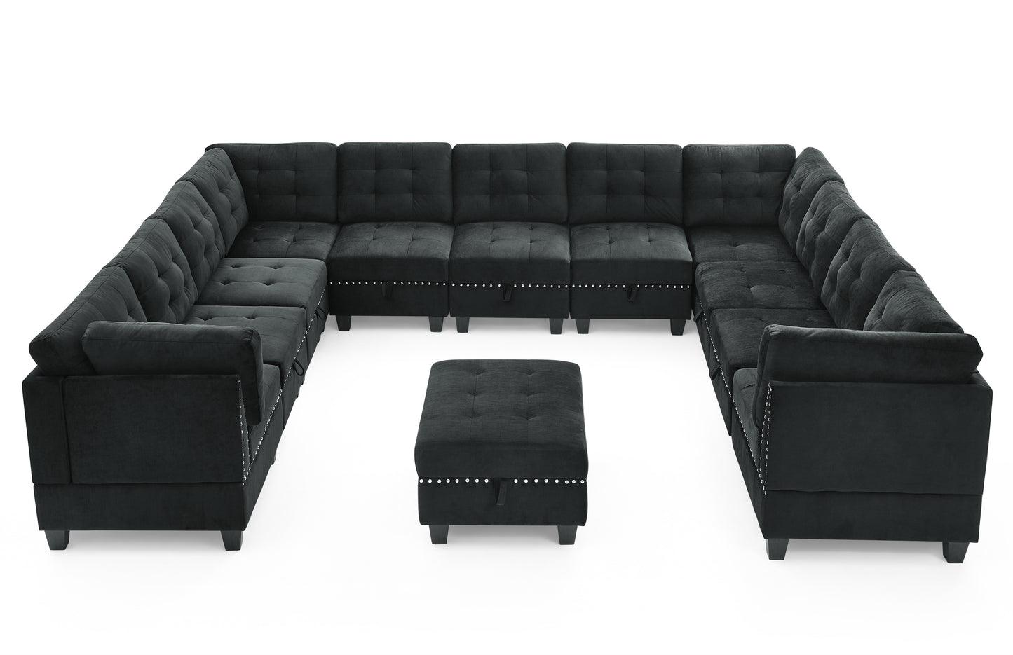 Customizable Black Velvet Modular Sectional Sofa with Bonus Storage and Copper Accents