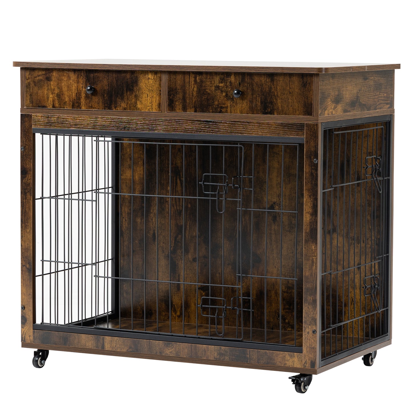 Dog Crate Furniture, Wooden Dog House, Decorative Dog Kennel with Drawer, Indoor Pet Crate End Table for Small Dog, Steel-Tube Dog Cage, Chew-Proof, Rustic Brown 31.7" L×23.2" W×33" H