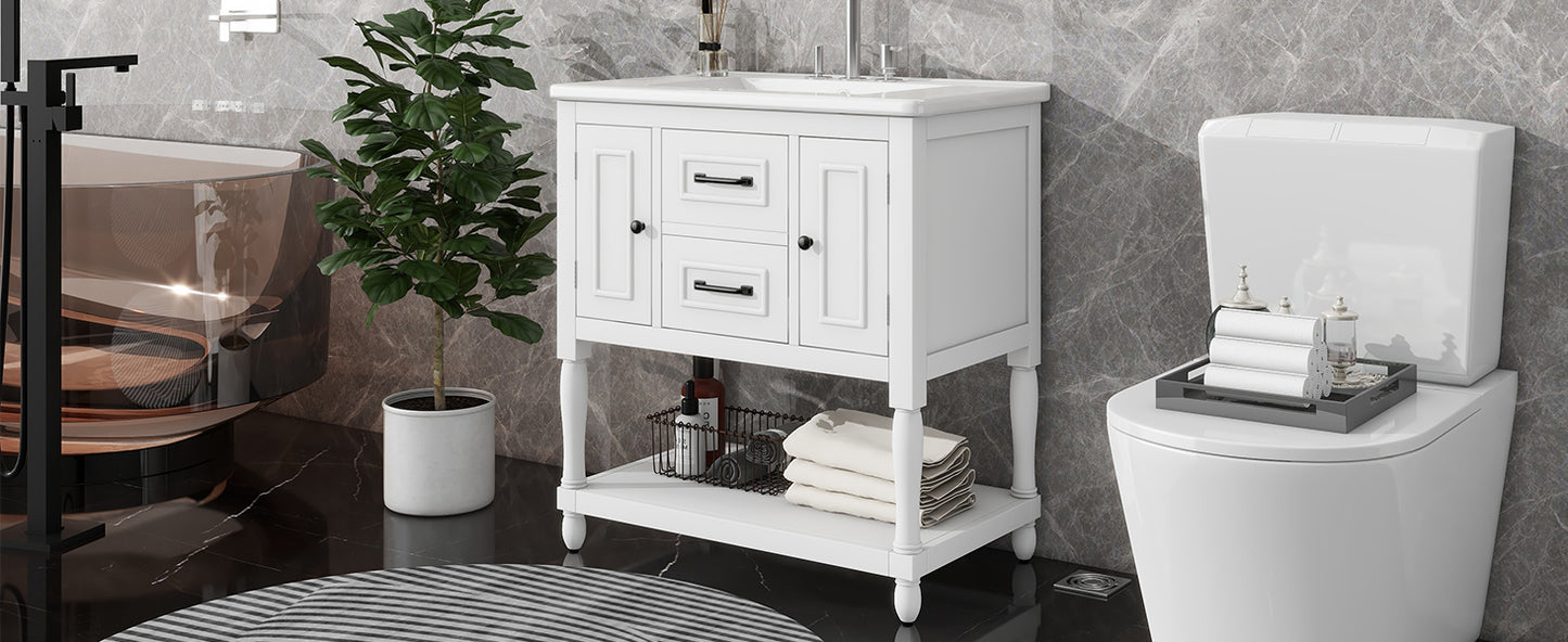 30" Bathroom Vanity with Sink Top, Bathroom Vanity Cabinet with Two Doors and Two Drawers, Solid Wood Frame, One Package, White