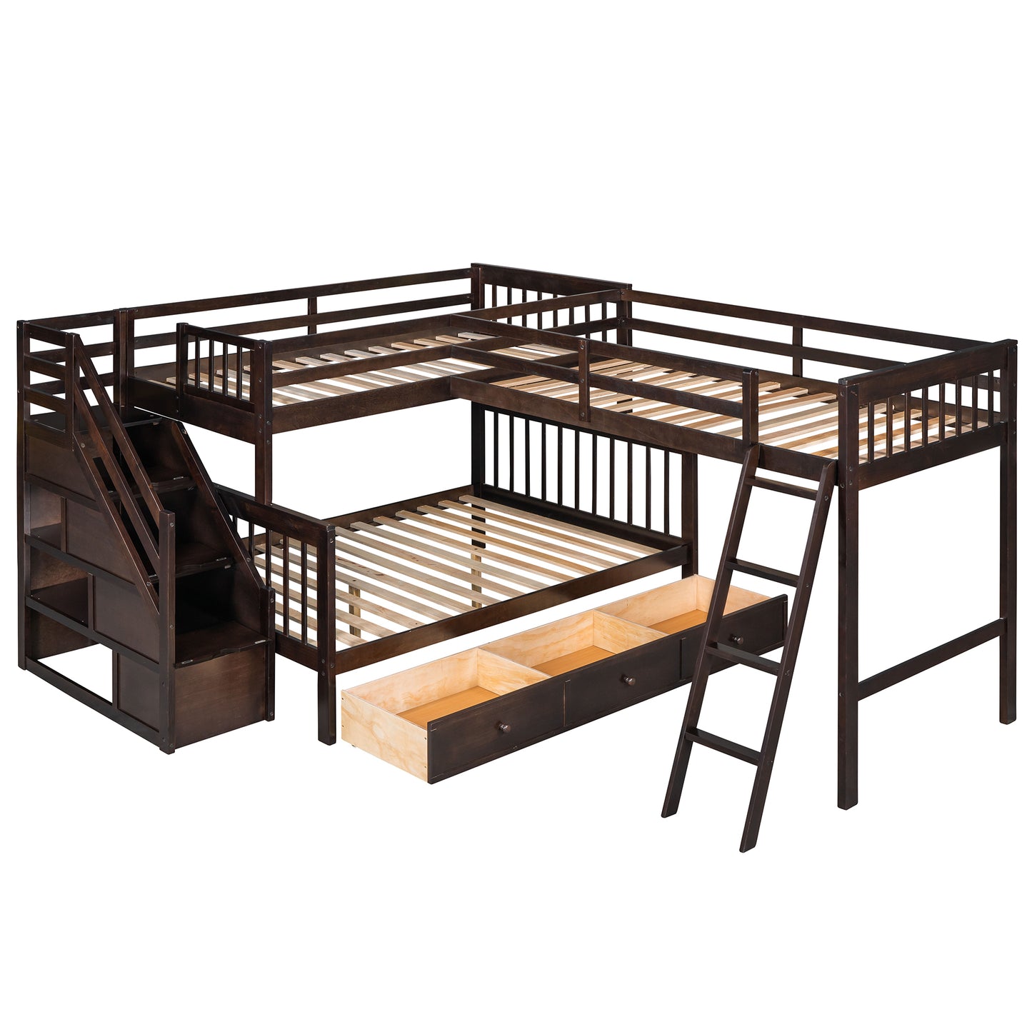 Espresso Twin over Full Bunk Bed with 3 Storage Drawers, Ladder, and Staircase