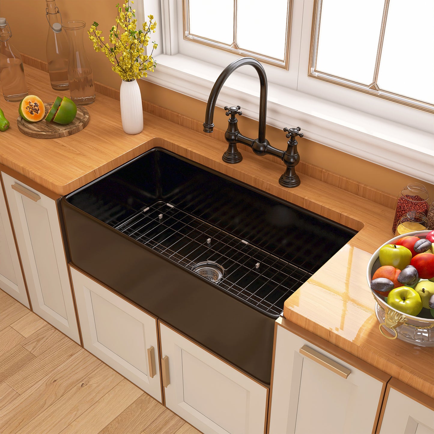 33 Black Fireclay Farmhouse Kitchen Sink with Bottom Grid and Drain