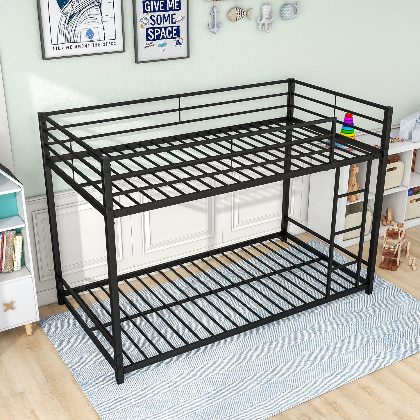 Black Finish Metal Twin Over Twin Bunk Bed with Safety Guard Rails