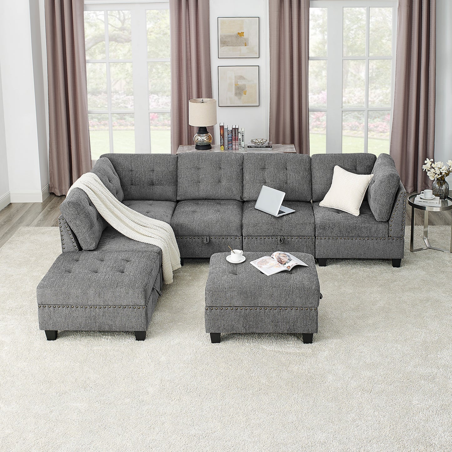 Modular L-Shaped Sectional Sofa Set with Grey Chenille Upholstery