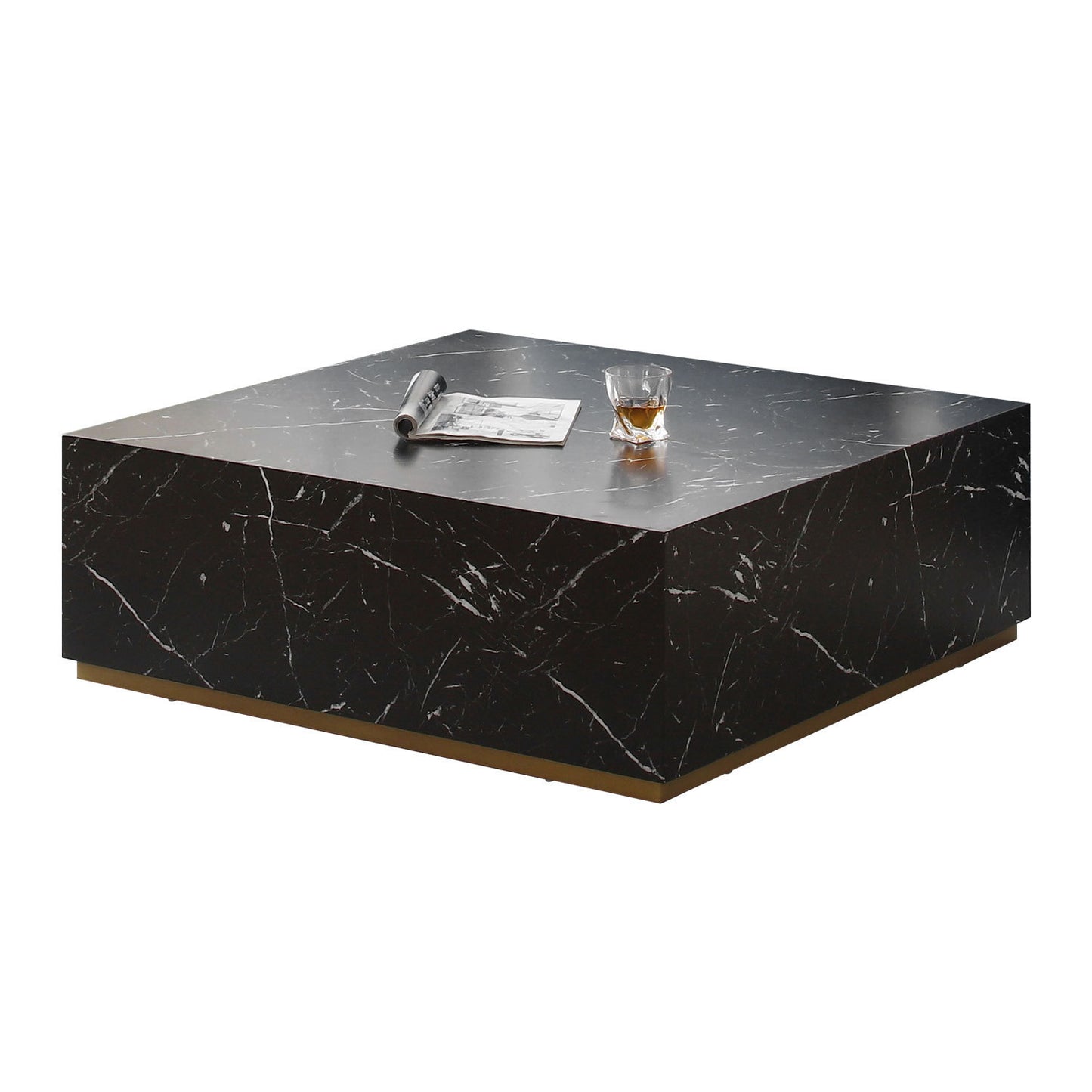 Elegant Black Marble Coffee Table with Gold Base Square Design 39.37W x 13.78H