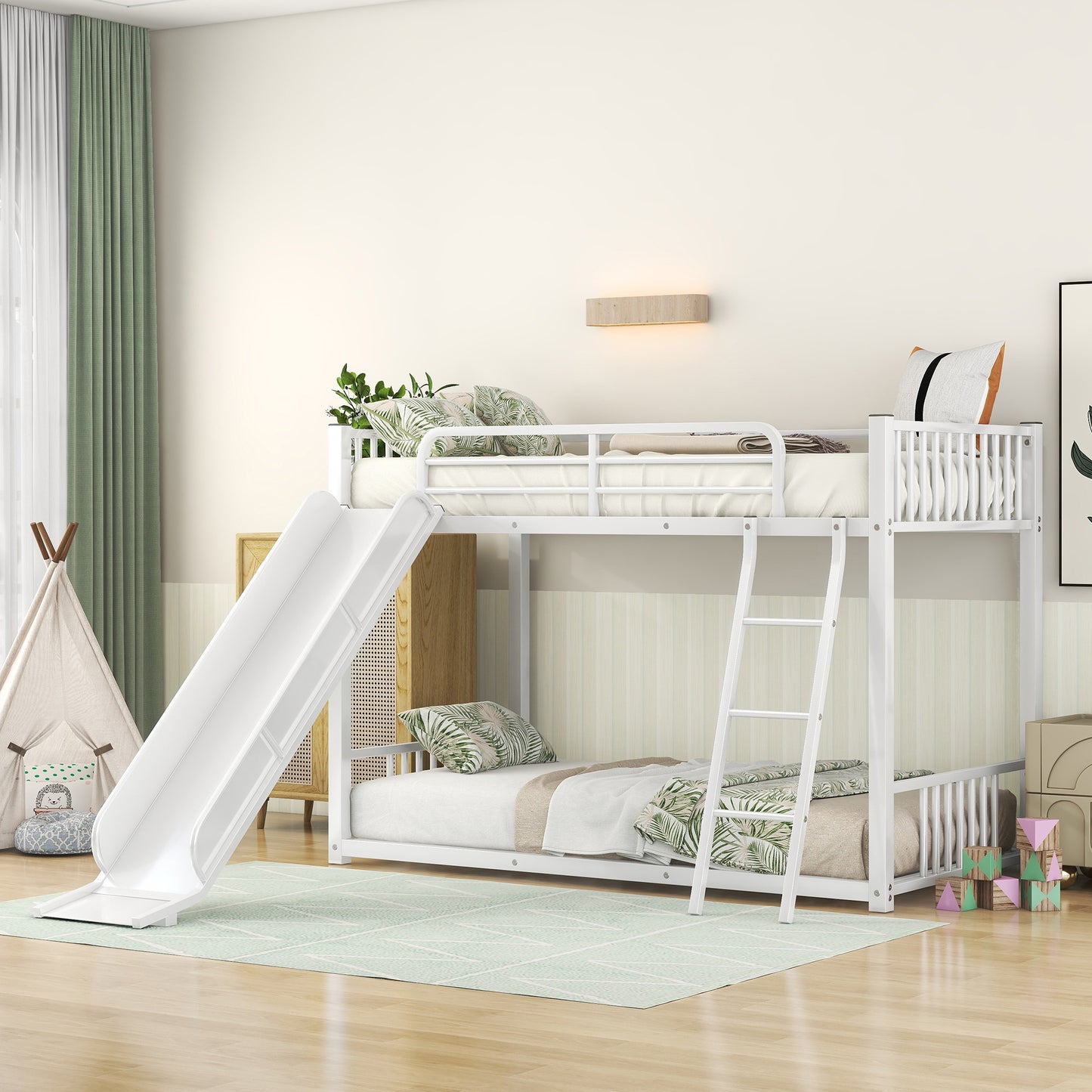 White Metal Twin Bunk Bed with Slide - Perfect Pick for Siblings or Sleepovers