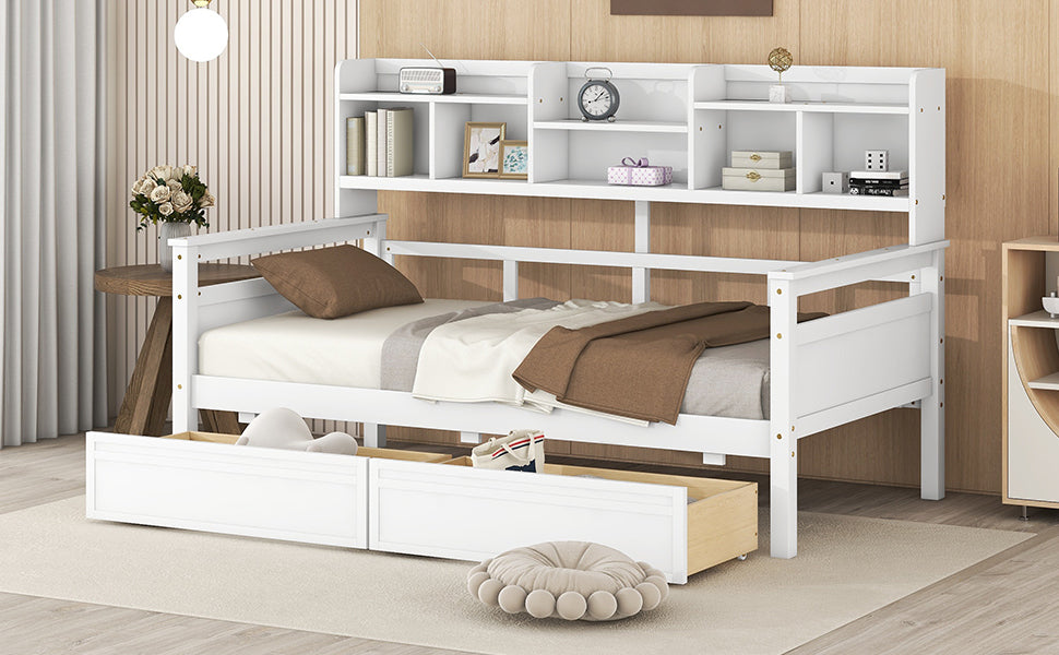 Twin size Daybed, Wood Slat Support, with Bedside Shelves and Two Drawers, White