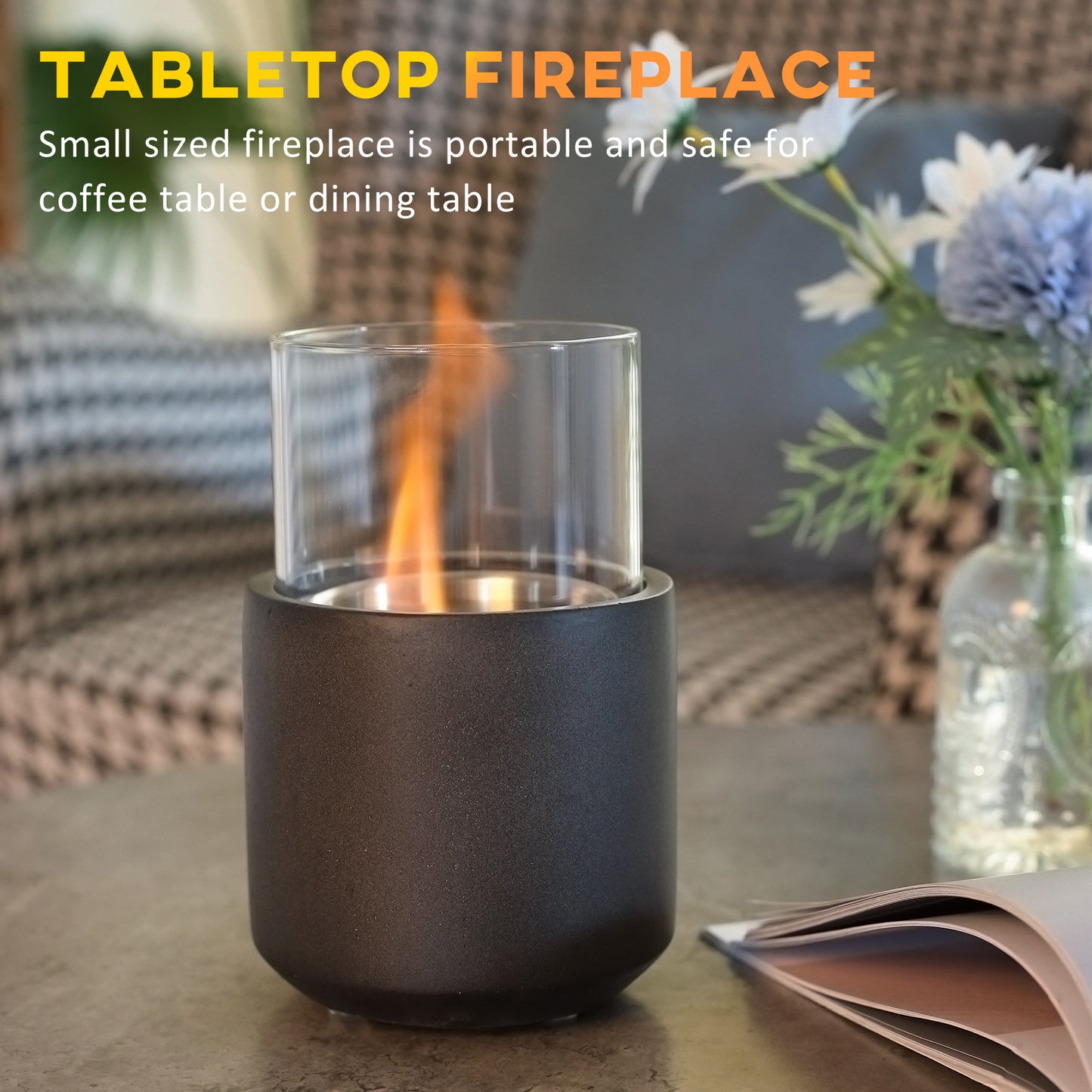 Mini Concrete Ethanol Fire Bowl with Lid, Dark Grey Tabletop Fireplace