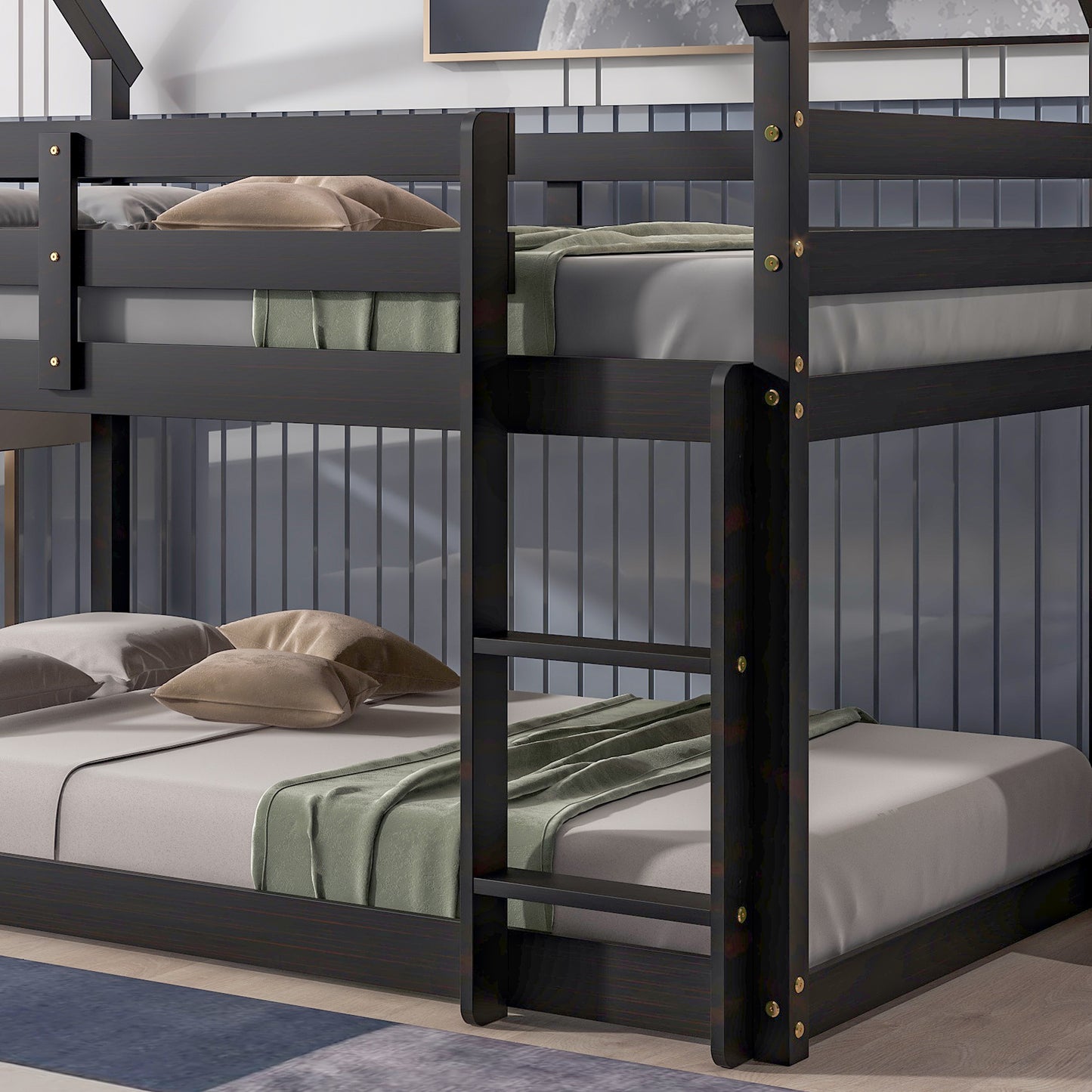 Twin over Twin Loft Bed with Roof Design, Safety Guardrail, Ladder, Espresso