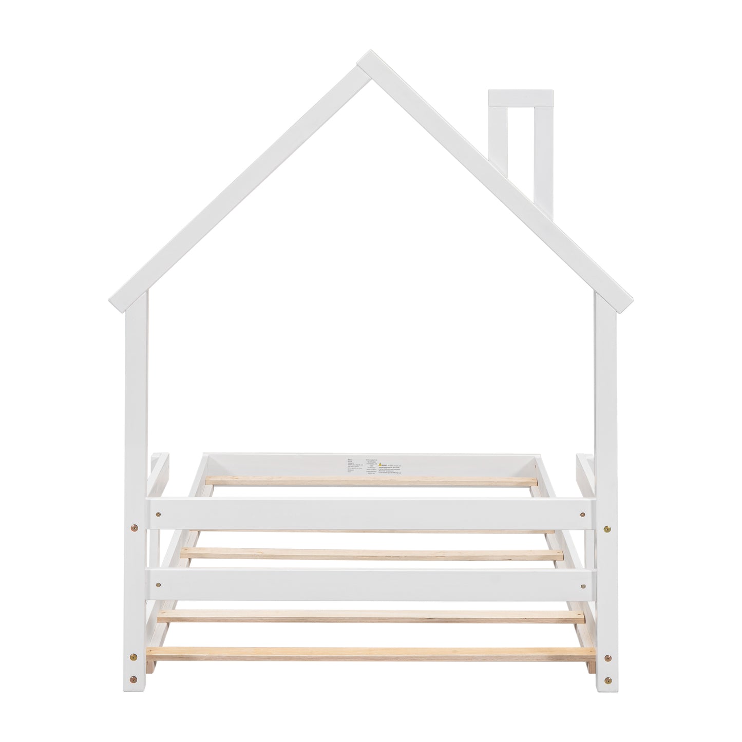 Twin House-Shaped Headboard Floor Bed with Handrails ,slats,White