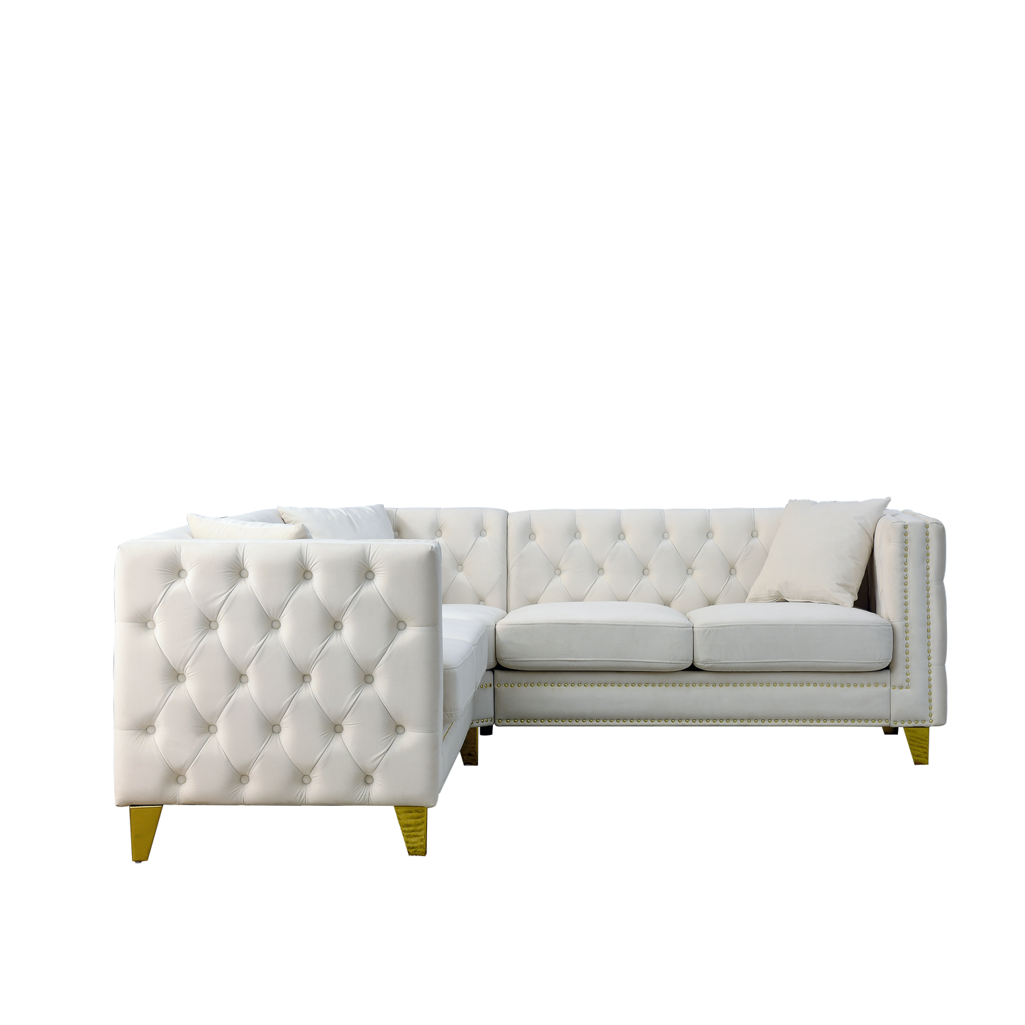 82.2-Inch Beige Velvet L-Shaped Sectional Sofa with Nailhead Trim and Metal Legs, 5-Seater Couch with Classic Chesterfield Design