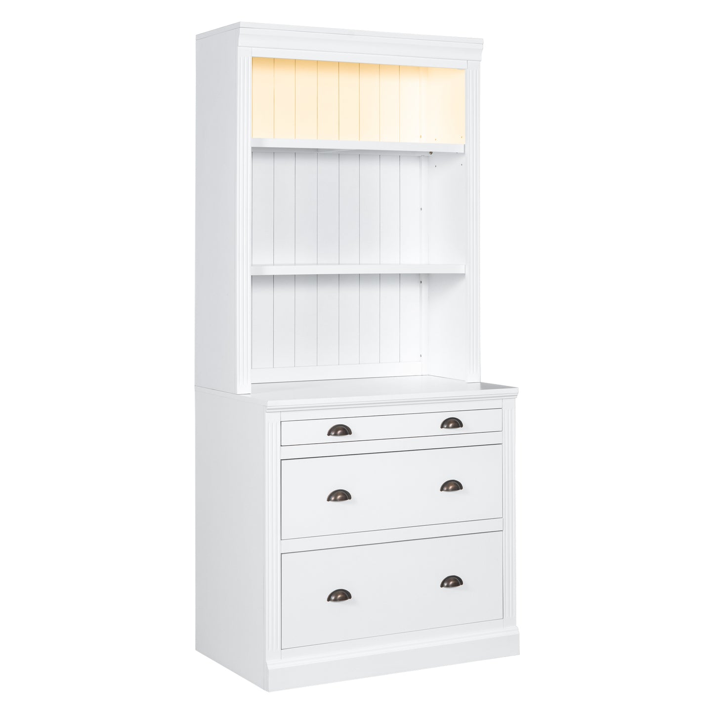 Modern White 83.4 Bookshelf and Writing Desk Suite with LED Lighting and Drawers