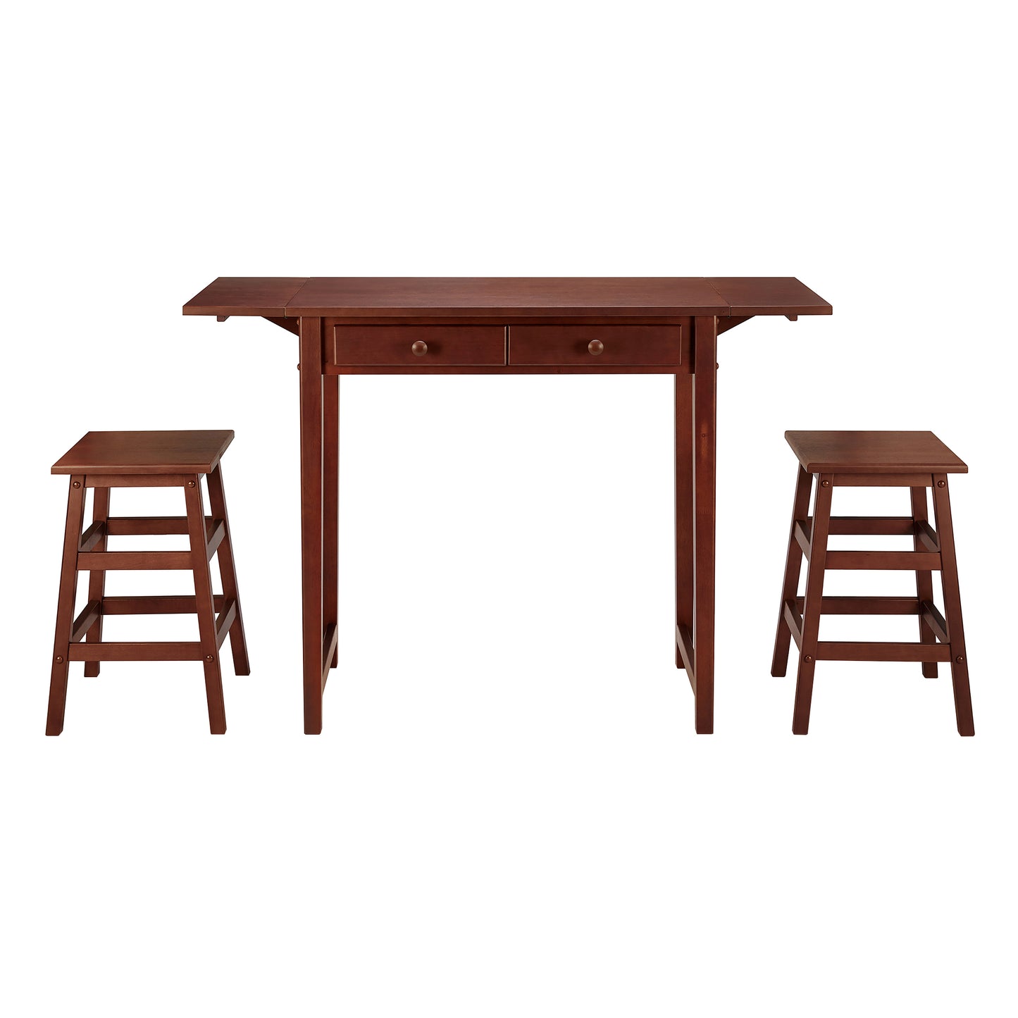 3 Piece Handcrafted Kitchen Island Breakfast Table Set, 2 Drawers, Rubberwood, Stools, Walnut Brown