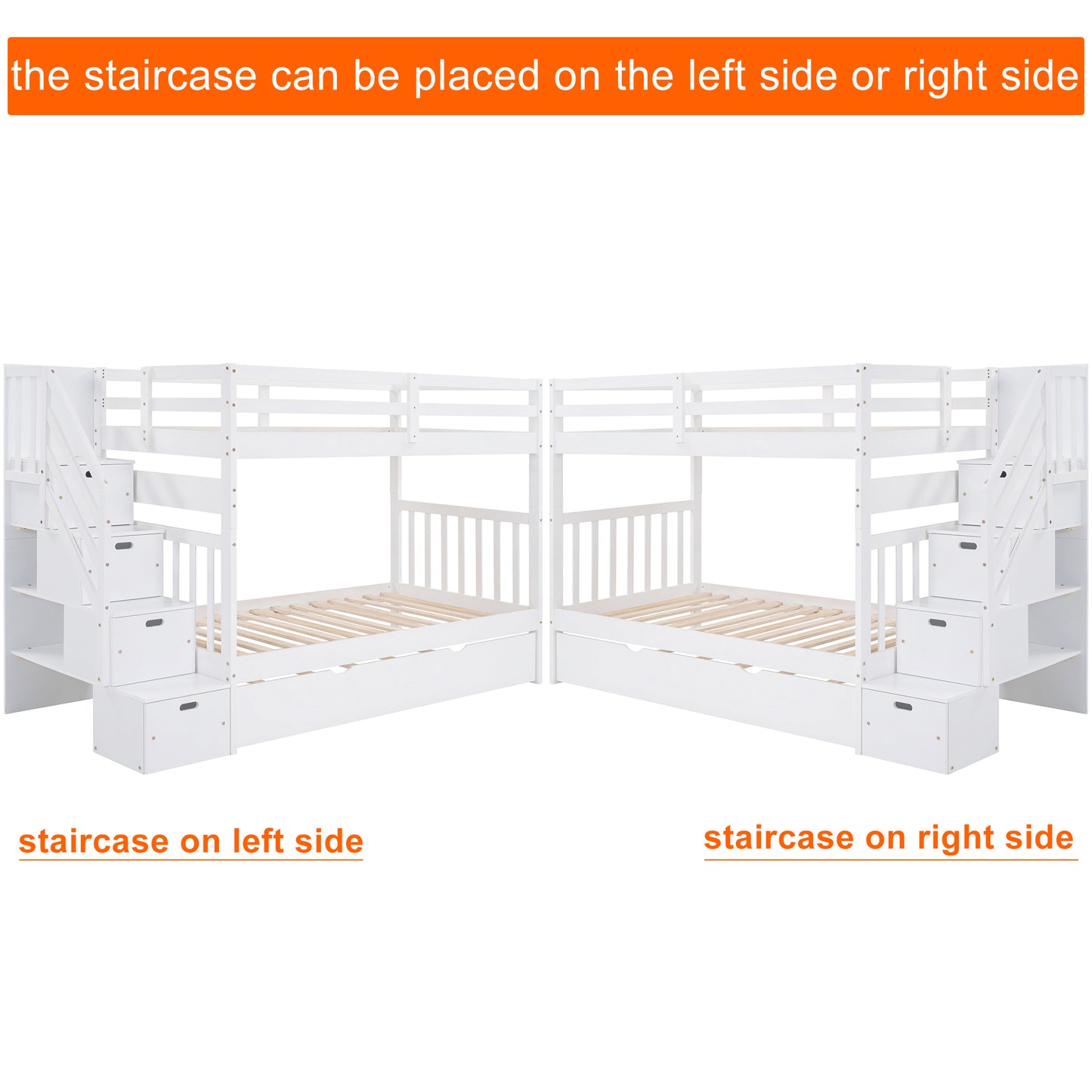 Stairway Bunk Bed with Trundle and Storage Drawers in White