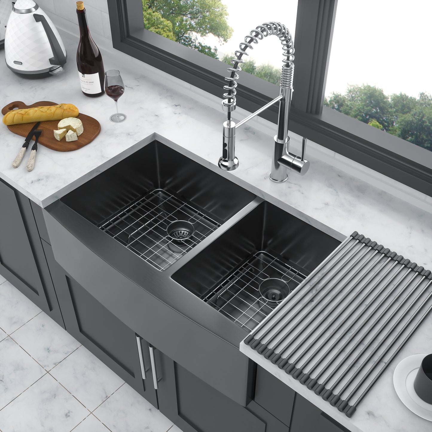 Gunmetal Black Double Bowl Farmhouse Kitchen Sink - 33x21x10 Stainless Steel Apron Front Sink with Two 10 Deep Basins