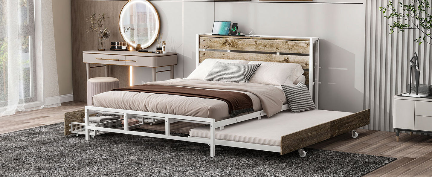 Metal Platform Bed With Drawers and trundle, Sockets and USB Ports, Queen, White