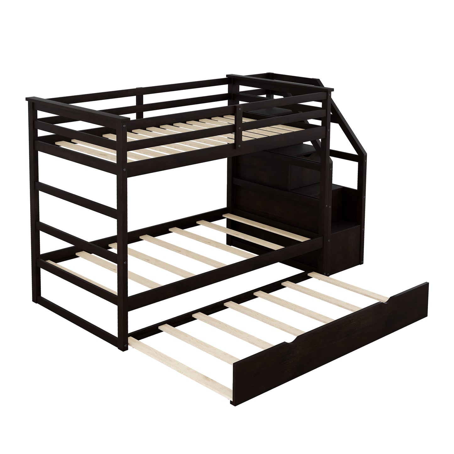 Elegantly Functional Espresso Twin Bunk Bed with Trundle, Stairs, and Storage