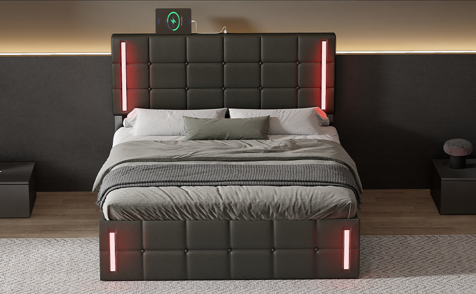 Full Size Upholstered Bed with LED Lights,Hydraulic Storage System and USB Charging Station,Black