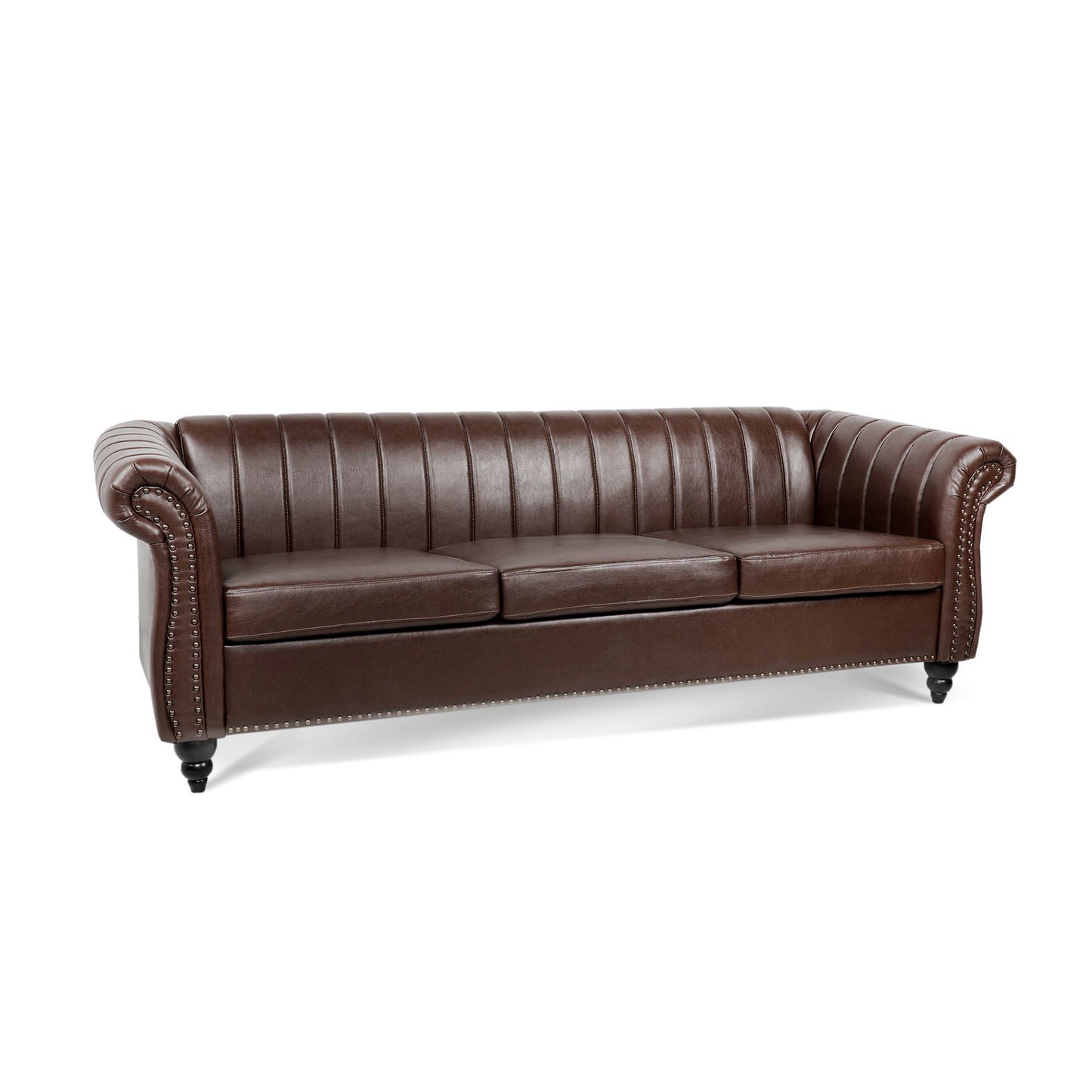 Luxurious Brown PU Rolled Arm Chesterfield Three Seater Sofa - 83.46''