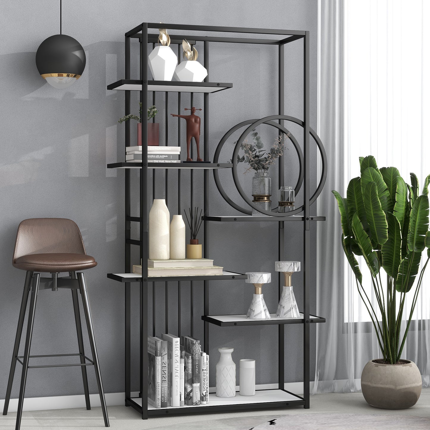 6 Tiers Home Office Bookcase Open Bookshelf with Black Metal Frame Storage Large Bookshelf Furniture, White